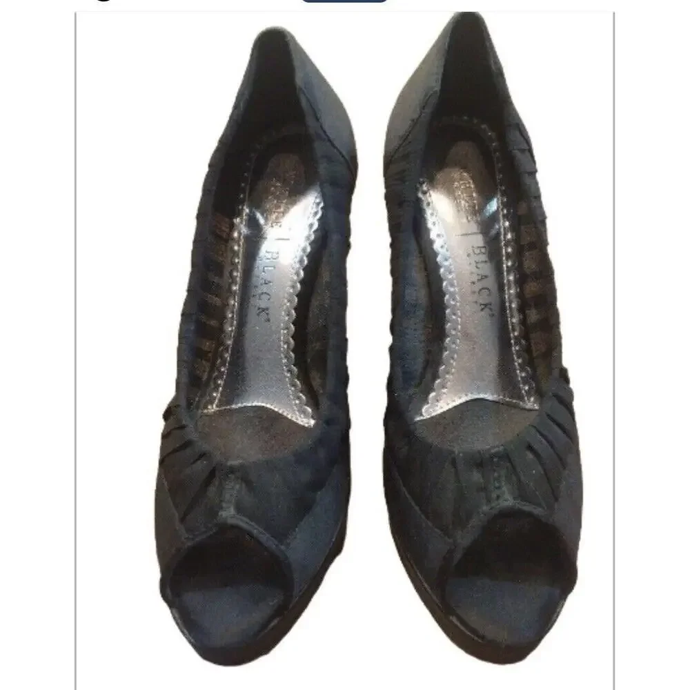 WHBM Shoes Womens 8M Black Satin Fabric High Heel Open Toe Platform Pumps Prom‎